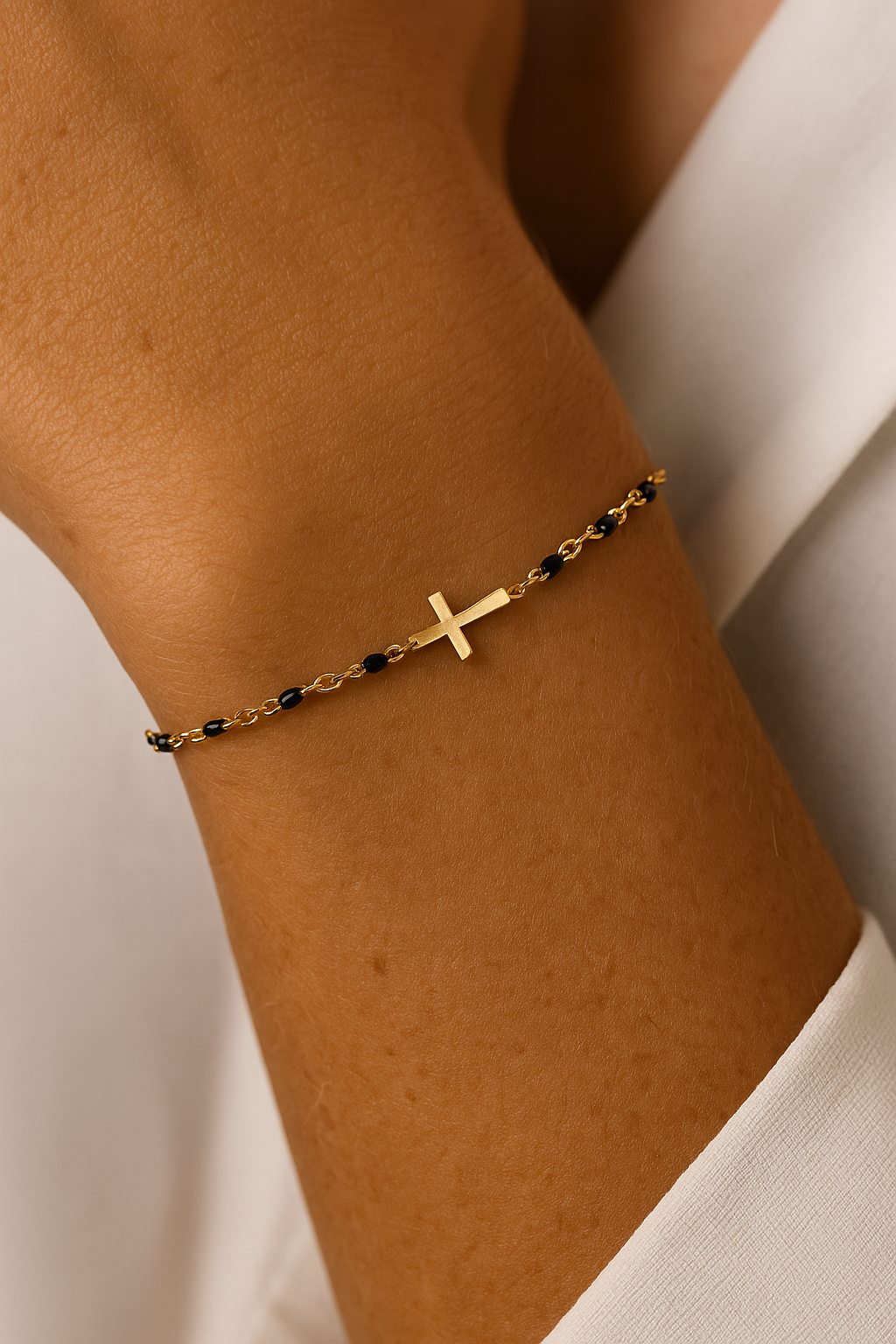 Bracelet Croix Femme Or Bijoux Chrétiens Cadeau pour Baptême Perles D'espérance Noir