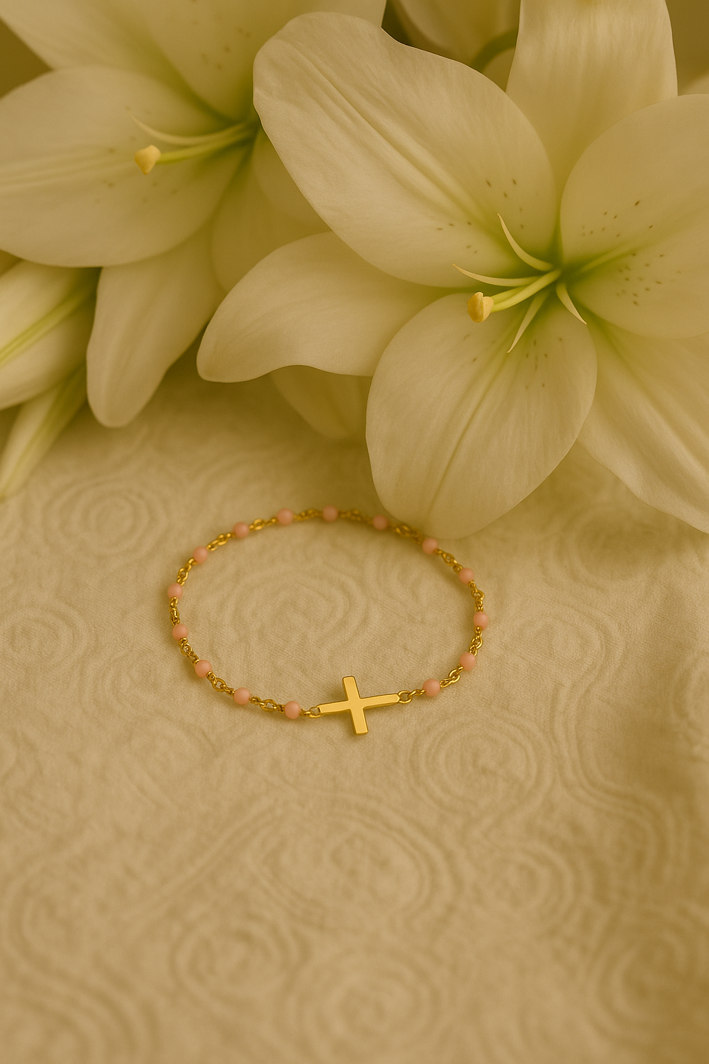 Bracelet Croix Femme Or Bijoux Chrétiens Cadeau pour Baptême Perles D'espérance Rose