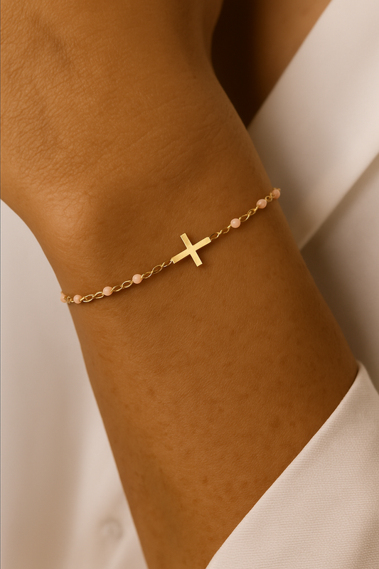 Bracelet Croix Femme Or Bijoux Chrétiens Cadeau pour Baptême Perles D'espérance Rose