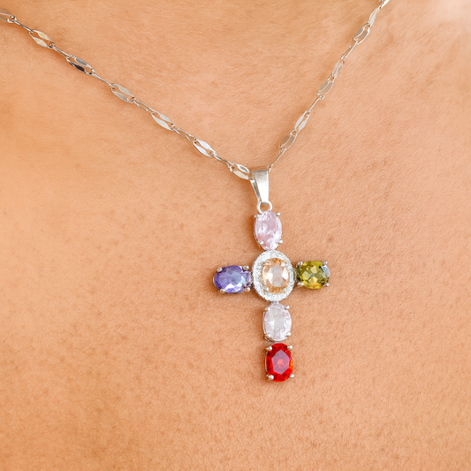 Joyaux de Grâce - Collier Croix Argent Multicolore