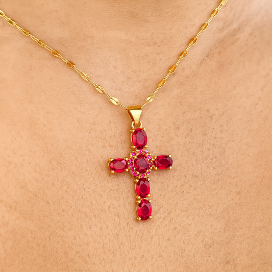 Collier Croix Femme Or Bijoux Chrétiens Cadeau pour Baptême Joyaux De Grâce Rouge