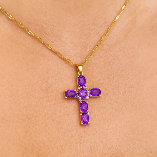 Collier Croix Femme Or Bijoux Chrétiens Cadeau pour Baptême Joyaux De Grâce Violet