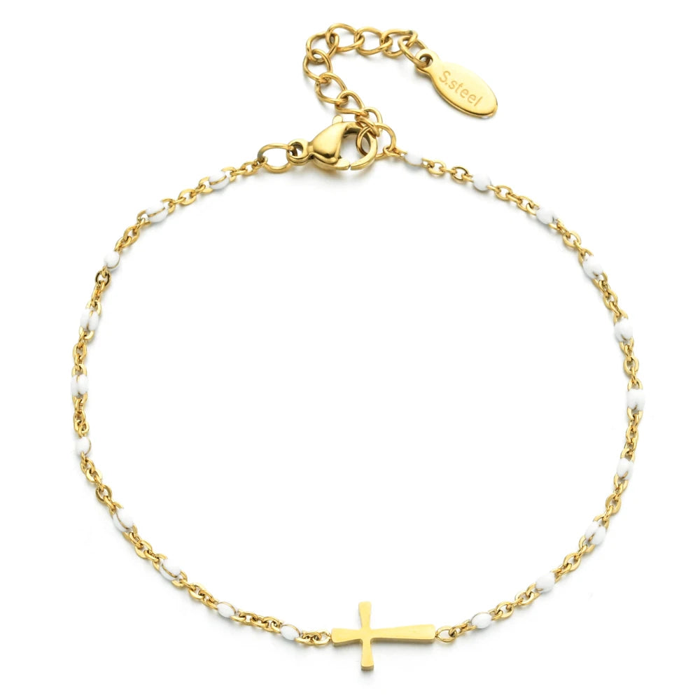 Bracelet Croix Femme Or Bijoux Chrétiens Cadeau pour Baptême Perles D'espérance Blanc