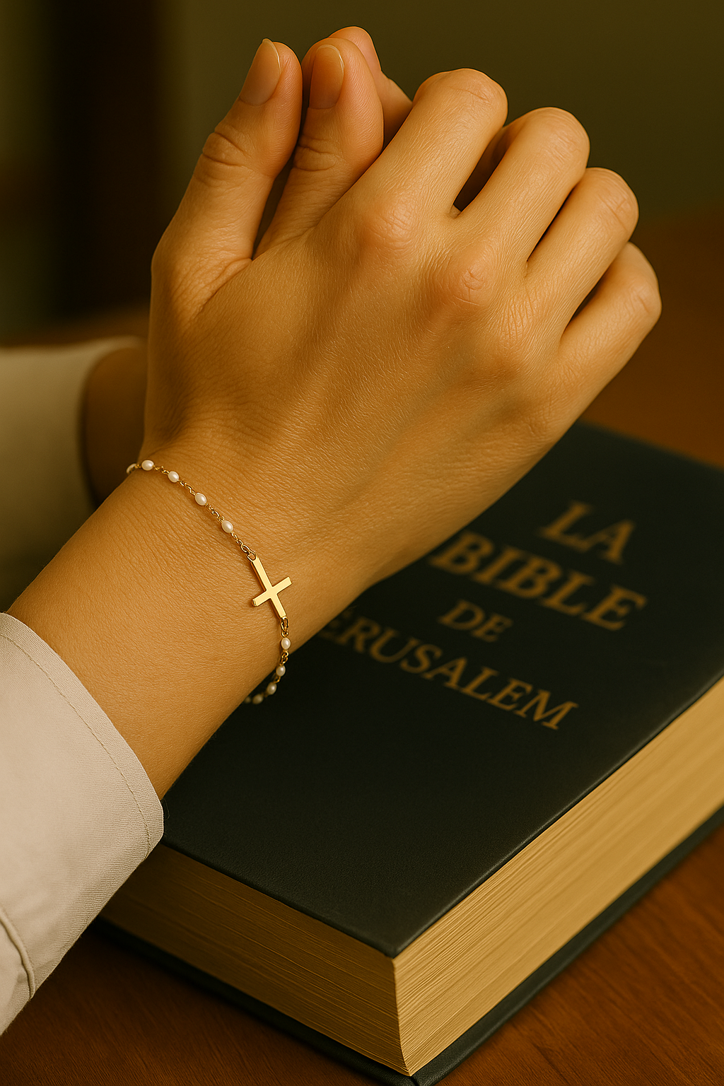 Bracelet Croix Femme Or Bijoux Chrétiens Cadeau pour Baptême Perles D'espérance Blanc