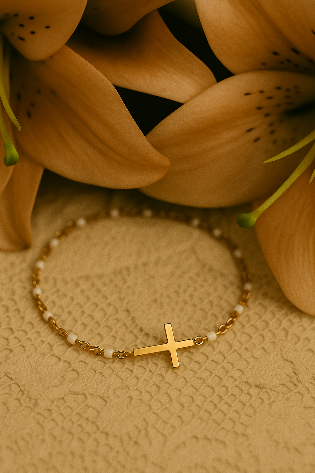 Bracelet Croix Femme Or Bijoux Chrétiens Cadeau pour Baptême Perles D'espérance Blanc