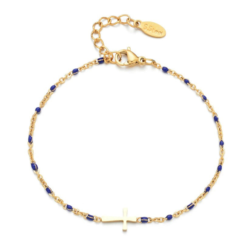 Bracelet Croix Femme Or Bijoux Chrétiens Cadeau pour Baptême Perles D'espérance Bleu