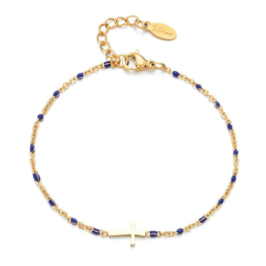 Bracelet Croix Femme Or Bijoux Chrétiens Cadeau pour Baptême Perles D'espérance Bleu
