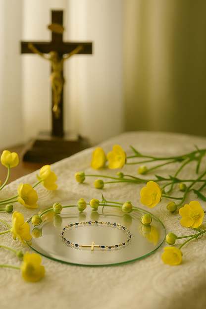 Bracelet Croix Femme Or Bijoux Chrétiens Cadeau pour Baptême Perles D'espérance Bleu