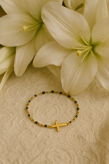 Bracelet Croix Femme Or Bijoux Chrétiens Cadeau pour Baptême Perles D'espérance Bleu