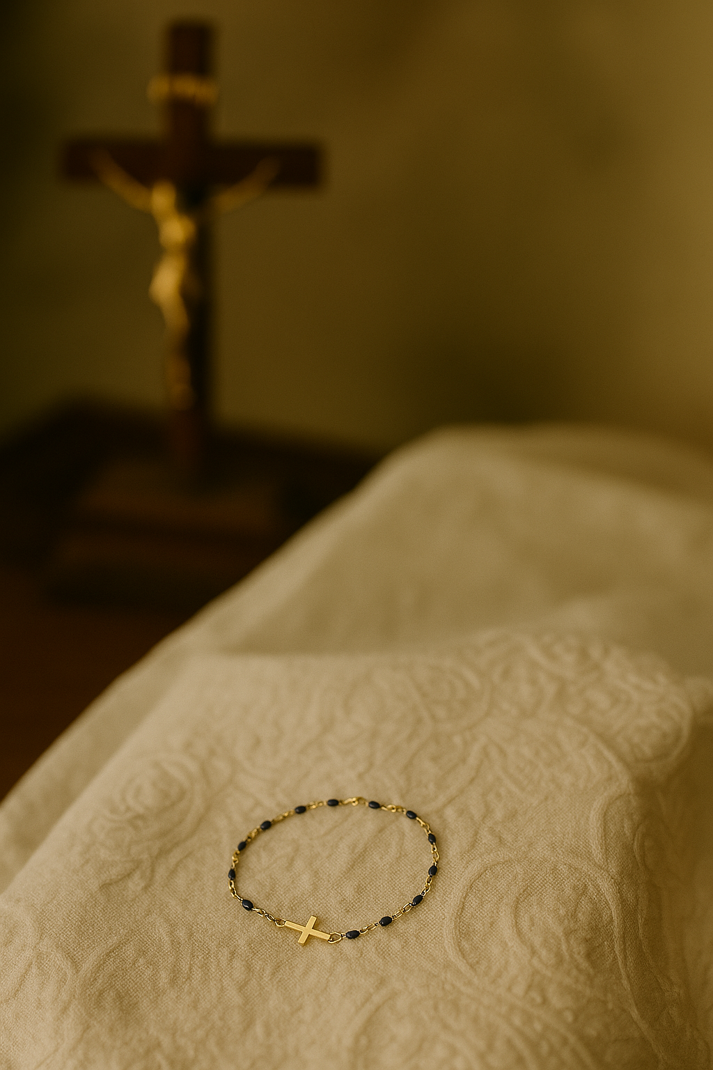 Bracelet Croix Femme Or Bijoux Chrétiens Cadeau pour Baptême Perles D'espérance Bleu