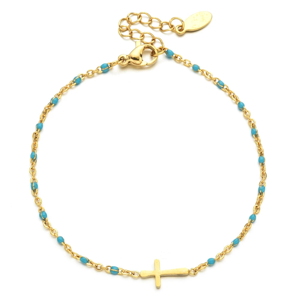 Bracelet Croix Femme Or Bijoux Chrétiens Cadeau pour Baptême Perles D'espérance Bleu Clair