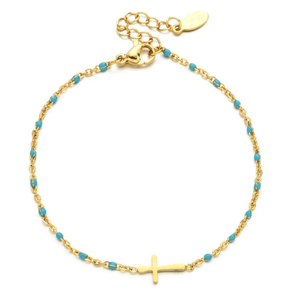 Bracelet Croix Femme Or Bijoux Chrétiens Cadeau pour Baptême Perles D'espérance Bleu Clair