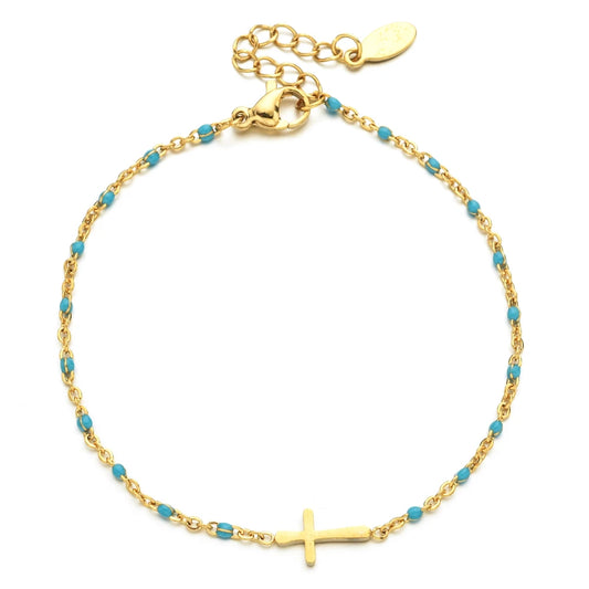 Bracelet Croix Femme Or Bijoux Chrétiens Cadeau pour Baptême Perles D'espérance Bleu Clair