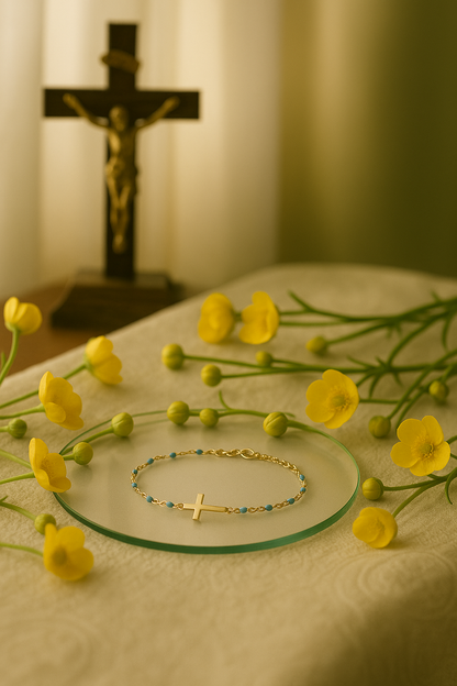 Bracelet Croix Femme Or Bijoux Chrétiens Cadeau pour Baptême Perles D'espérance Bleu Clair