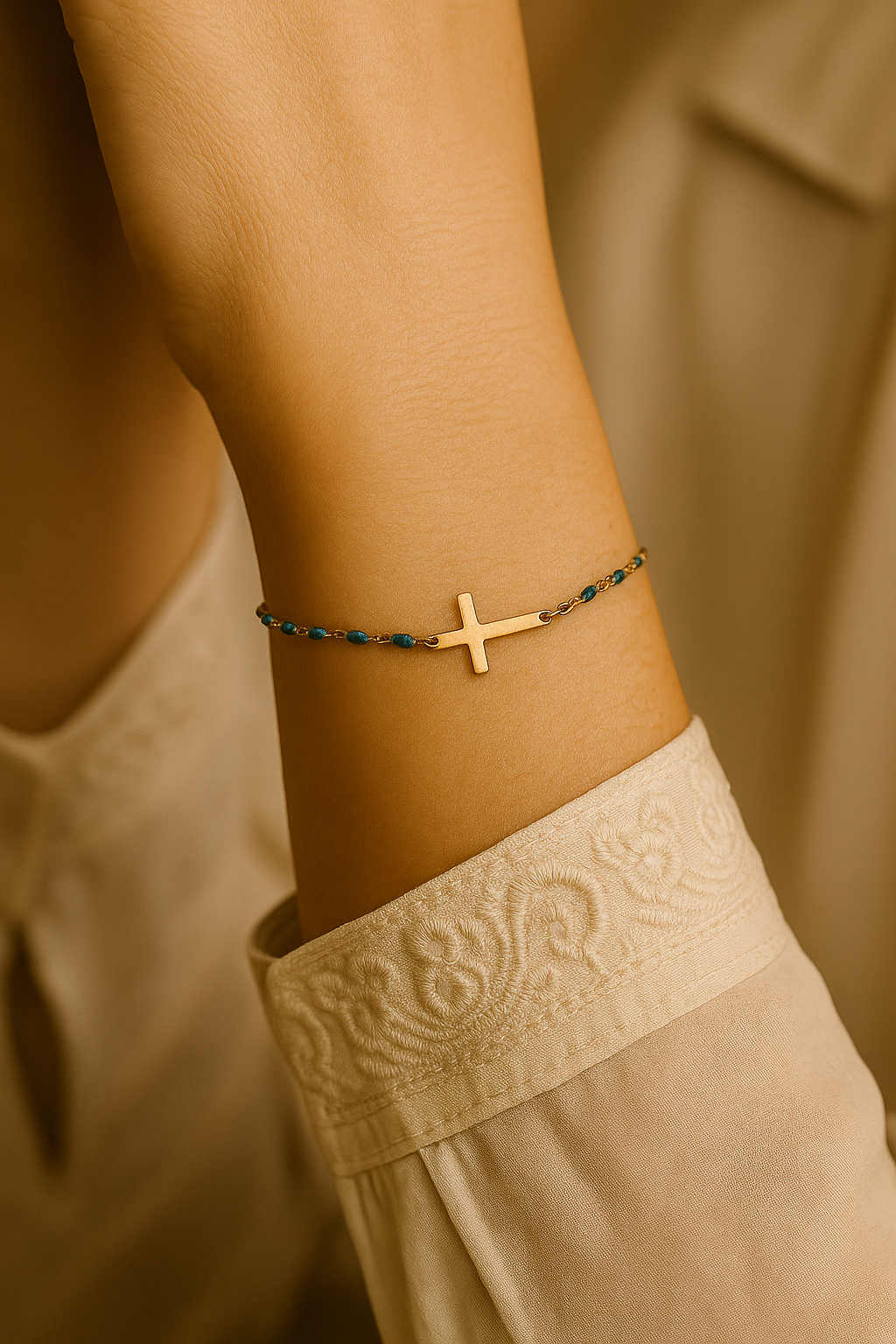 Bracelet Croix Femme Or Bijoux Chrétiens Cadeau pour Baptême Perles D'espérance Bleu Clair