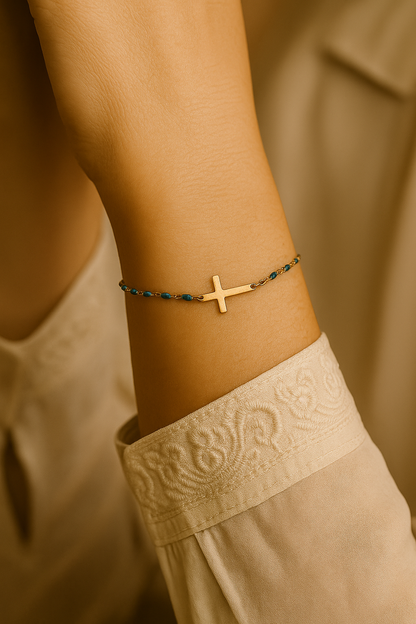 Bracelet Croix Femme Or Bijoux Chrétiens Cadeau pour Baptême Perles D'espérance Bleu Clair