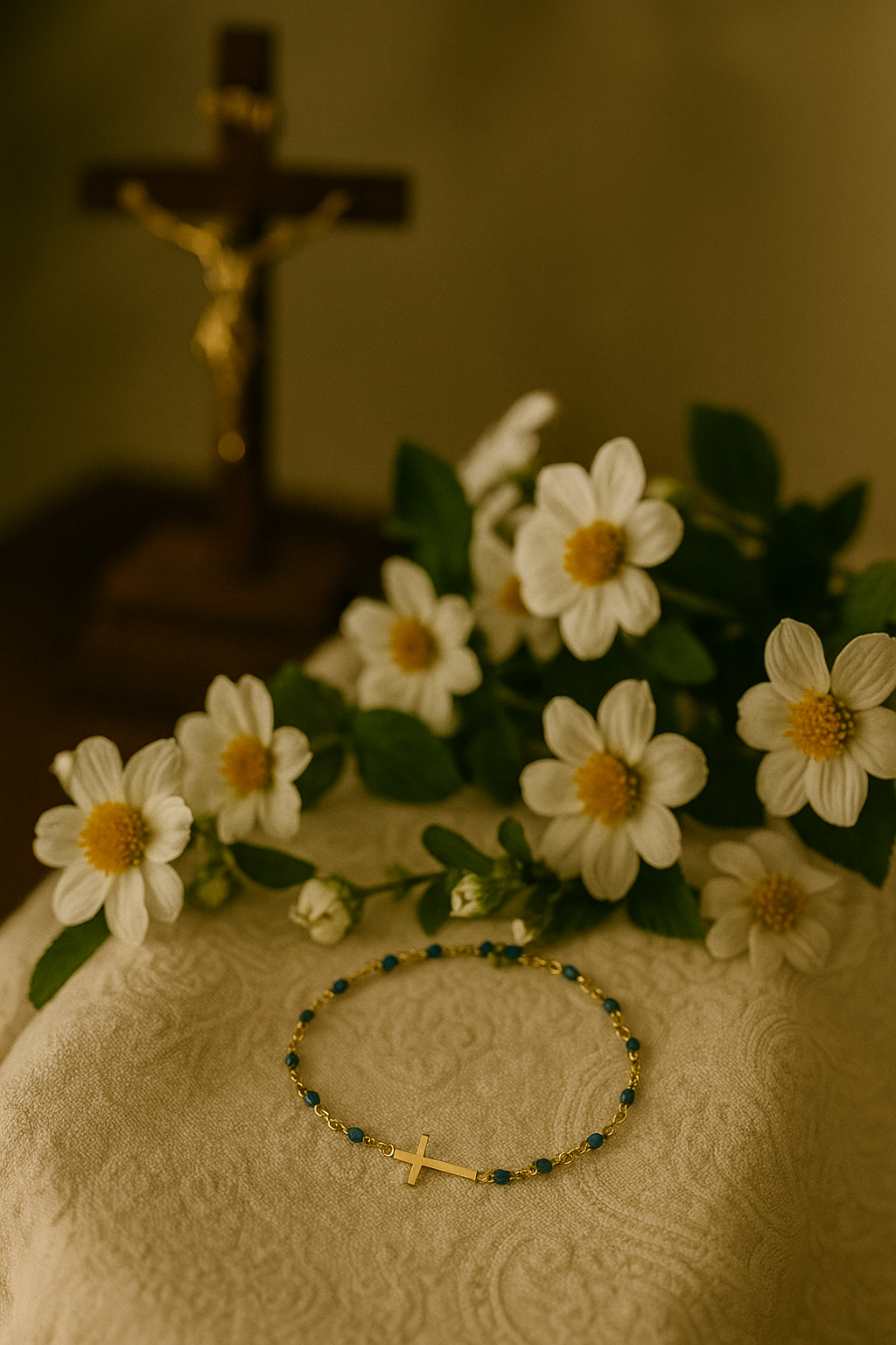 Bracelet Croix Femme Or Bijoux Chrétiens Cadeau pour Baptême Perles D'espérance Bleu Clair