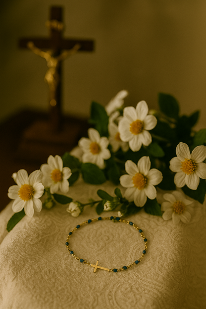 Bracelet Croix Femme Or Bijoux Chrétiens Cadeau pour Baptême Perles D'espérance Bleu Clair