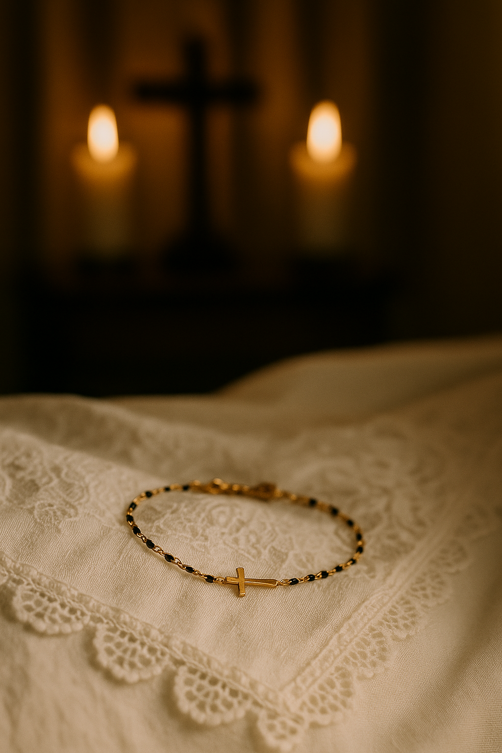 Bracelet Croix Femme Or Bijoux Chrétiens Cadeau pour Baptême Perles D'espérance Noir