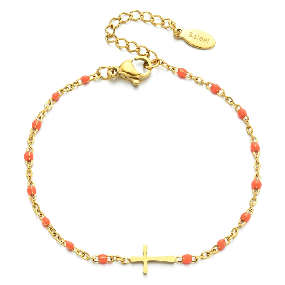 Bracelet Croix Femme Or Bijoux Chrétiens Cadeau pour Baptême Perles D'espérance Orange