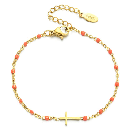 Bracelet Croix Femme Or Bijoux Chrétiens Cadeau pour Baptême Perles D'espérance Orange