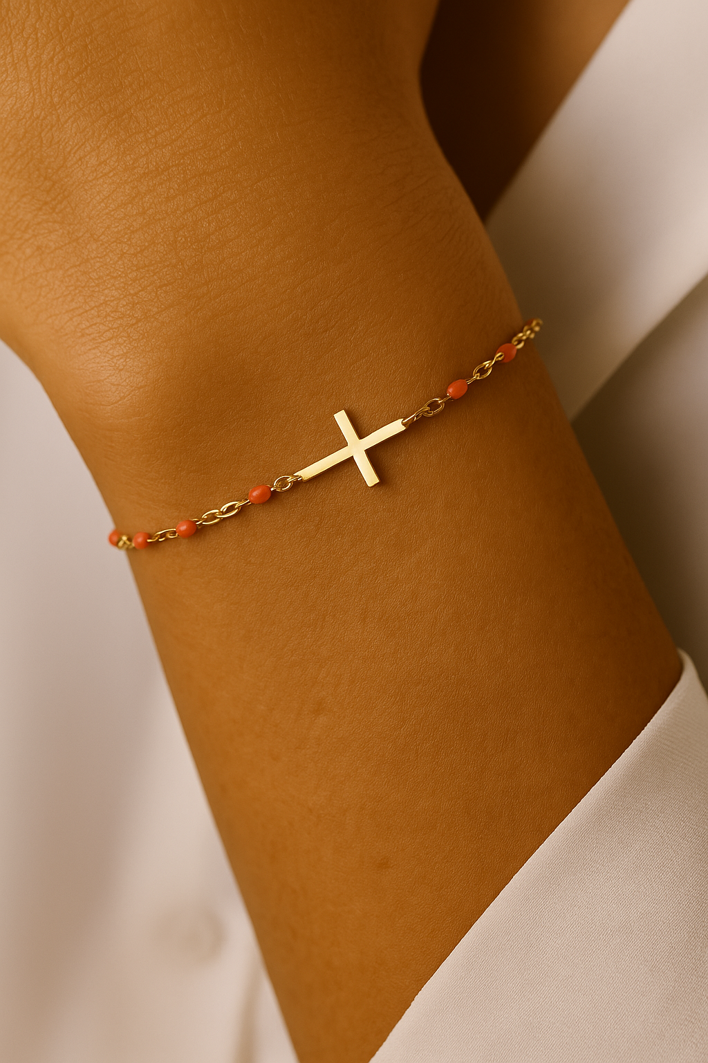 Bracelet Croix Femme Or Bijoux Chrétiens Cadeau pour Baptême Perles D'espérance Orange