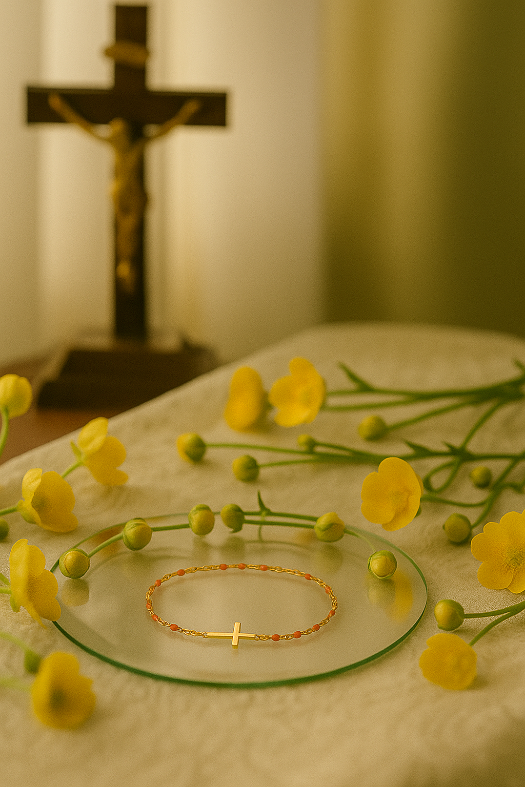 Bracelet Croix Femme Or Bijoux Chrétiens Cadeau pour Baptême Perles D'espérance Orange