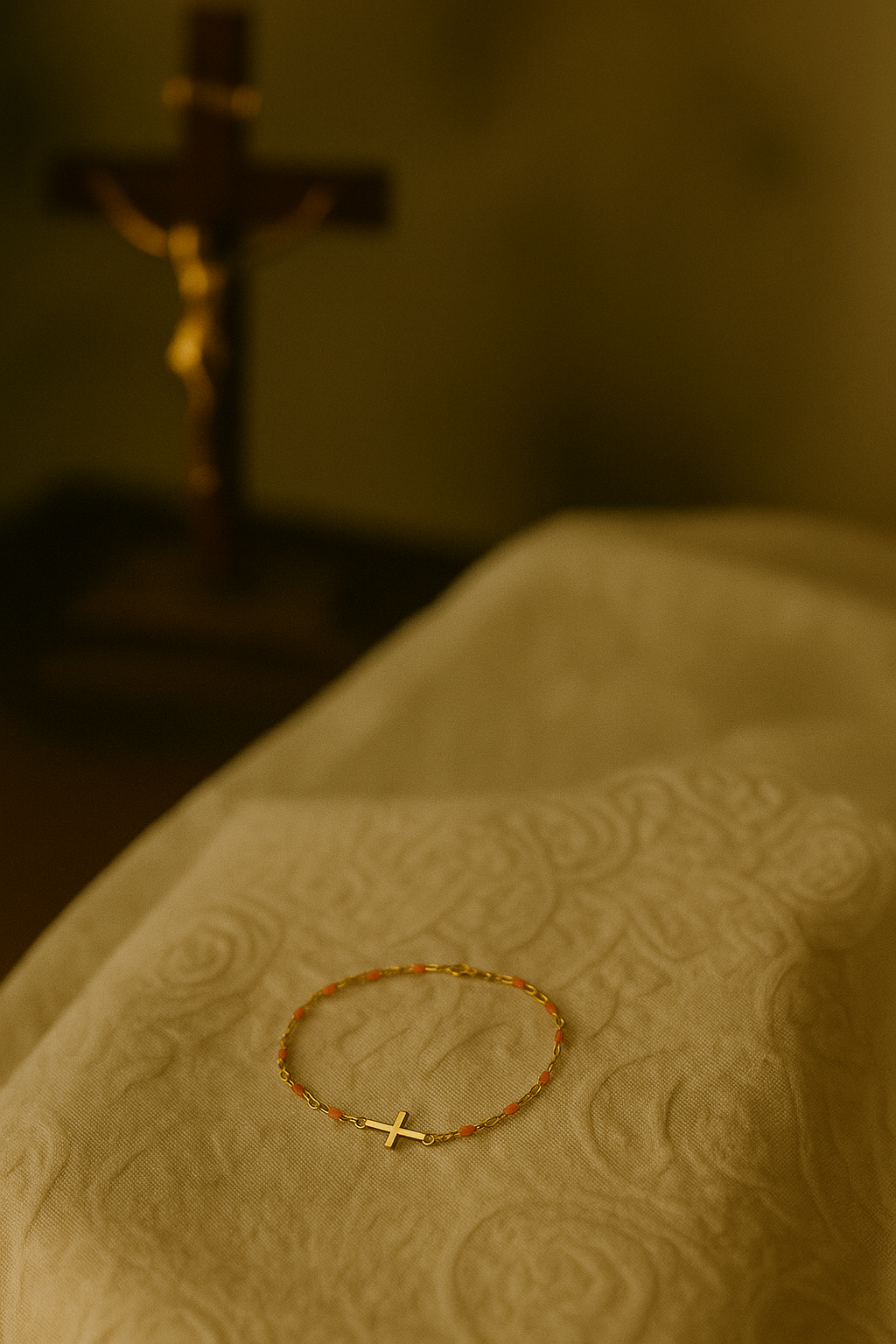 Bracelet Croix Femme Or Bijoux Chrétiens Cadeau pour Baptême Perles D'espérance Orange