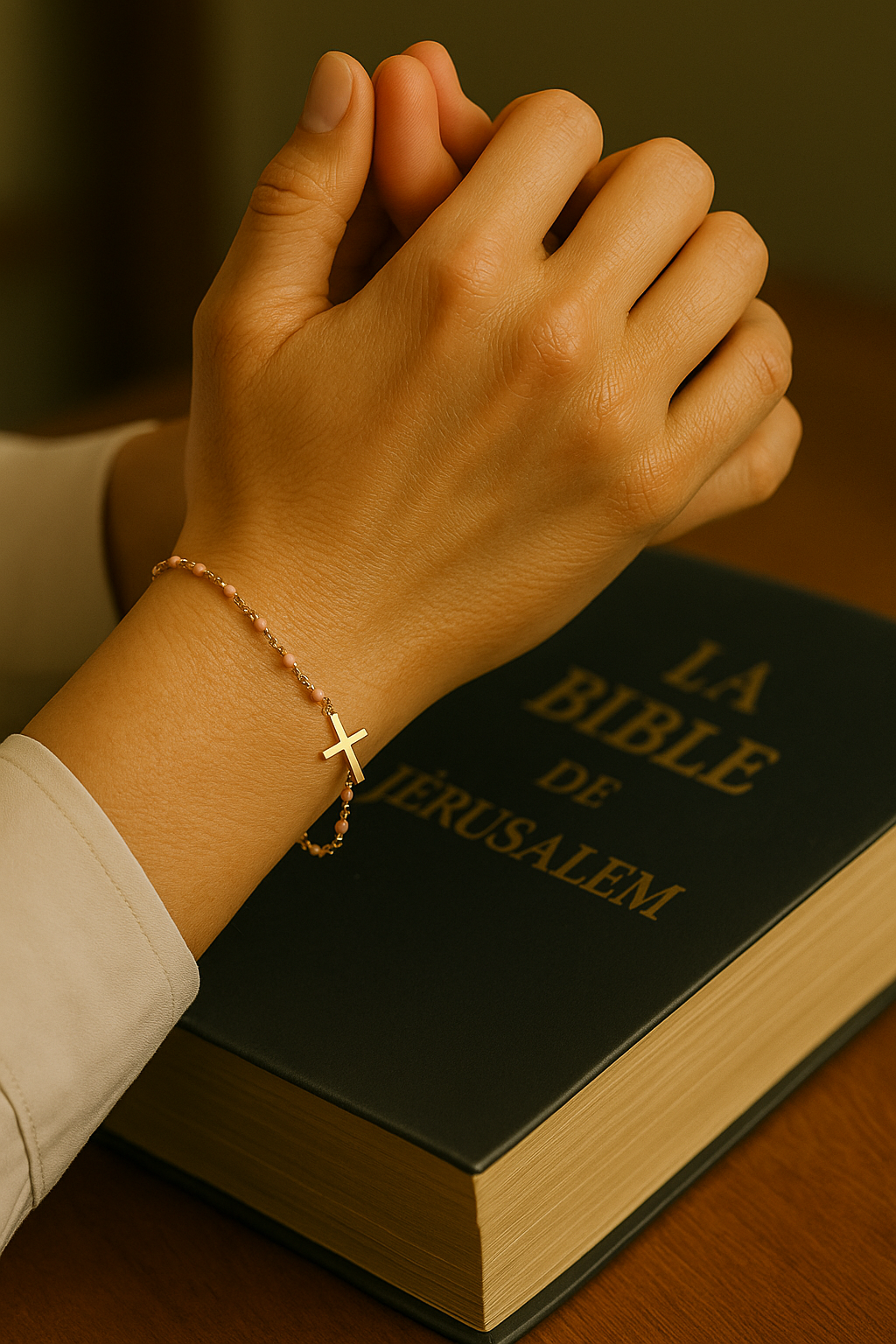 Bracelet Croix Femme Or Bijoux Chrétiens Cadeau pour Baptême Perles D'espérance Rose