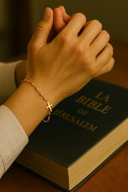 Bracelet Croix Femme Or Bijoux Chrétiens Cadeau pour Baptême Perles D'espérance Rose