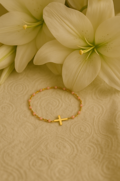 Bracelet Croix Femme Or Bijoux Chrétiens Cadeau pour Baptême Perles D'espérance Rose