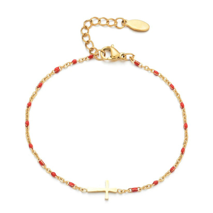 Bracelet Croix Femme Or Bijoux Chrétiens Cadeau pour Baptême Perles D'espérance Rouge