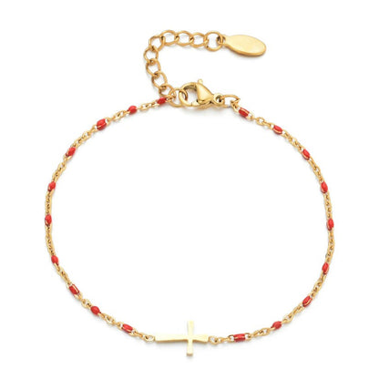 Bracelet Croix Femme Or Bijoux Chrétiens Cadeau pour Baptême Perles D'espérance Rouge