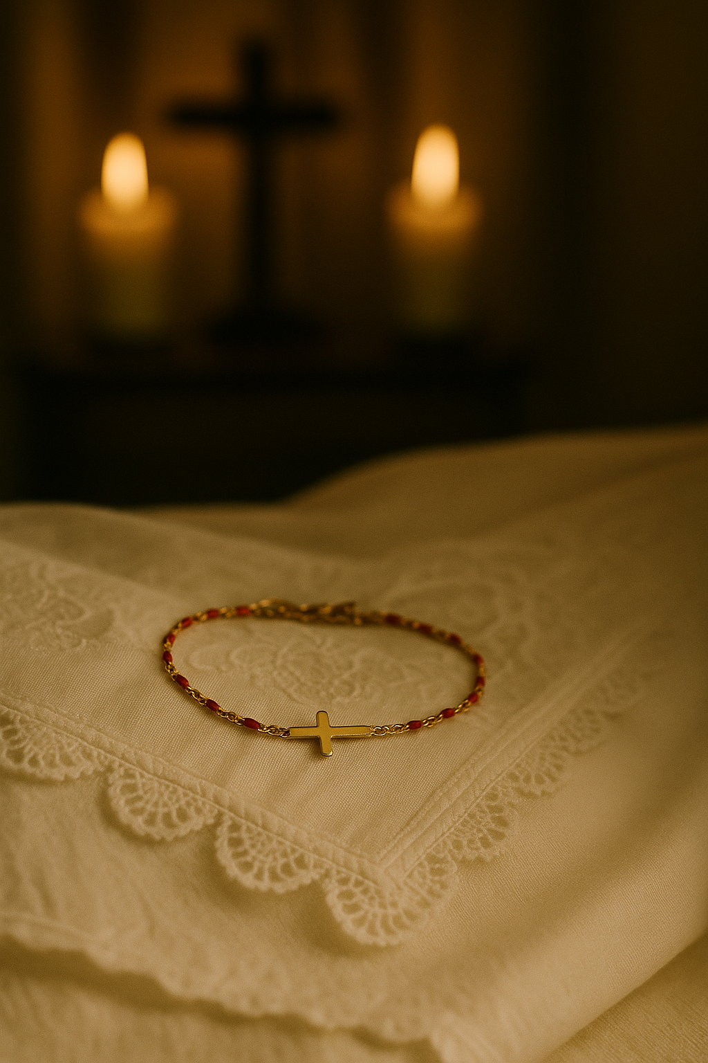 Bracelet Croix Femme Or Bijoux Chrétiens Cadeau pour Baptême Perles D'espérance Rouge