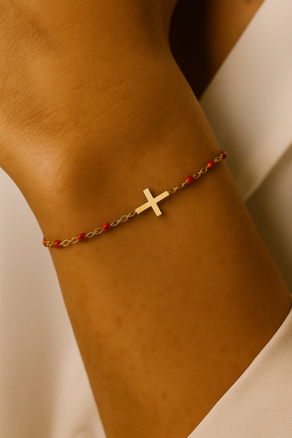 Bracelet Croix Femme Or Bijoux Chrétiens Cadeau pour Baptême Perles D'espérance Rouge