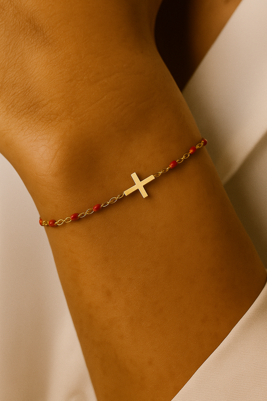 Bracelet Croix Femme Or Bijoux Chrétiens Cadeau pour Baptême Perles D'espérance Rouge
