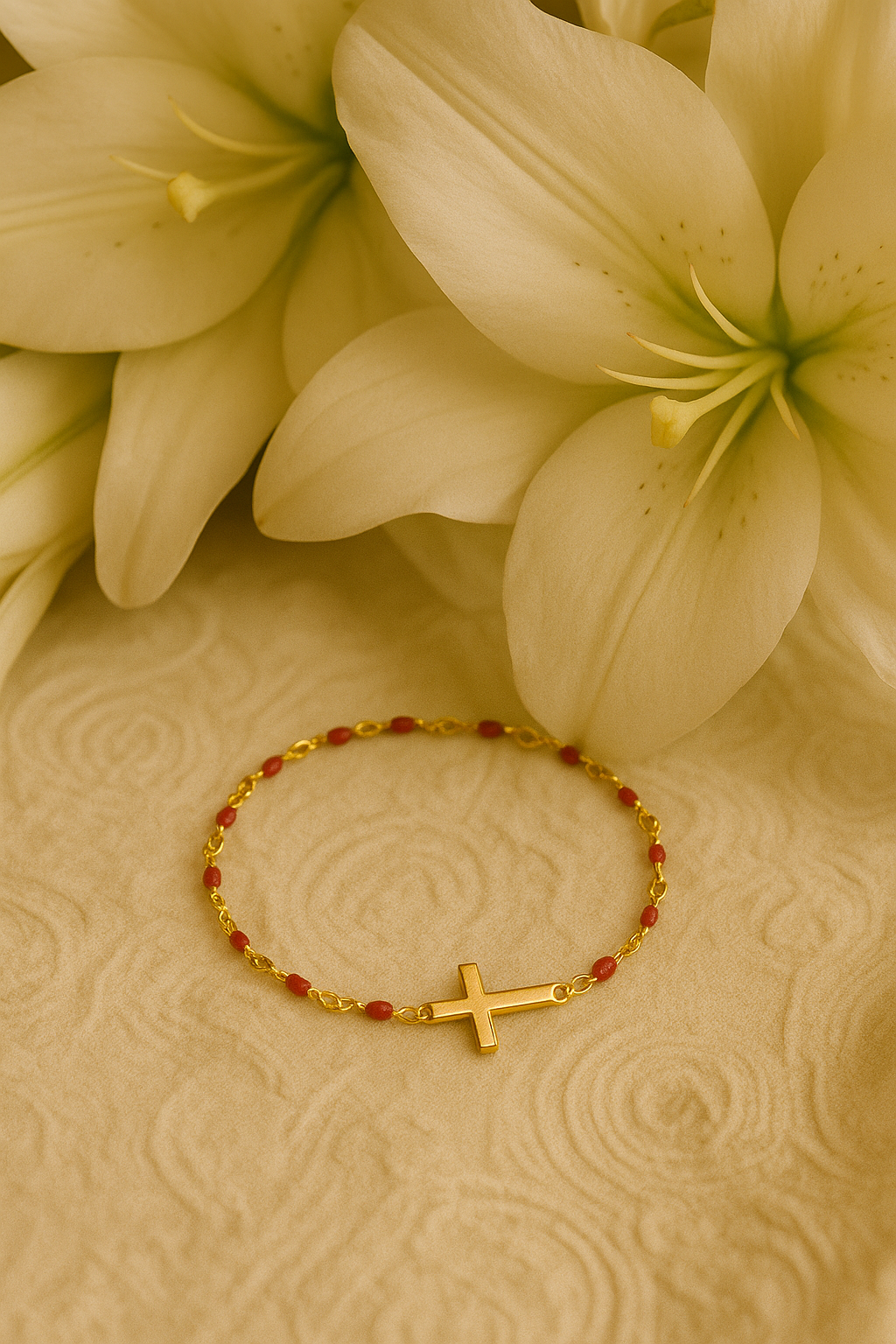 Bracelet Croix Femme Or Bijoux Chrétiens Cadeau pour Baptême Perles D'espérance Rouge