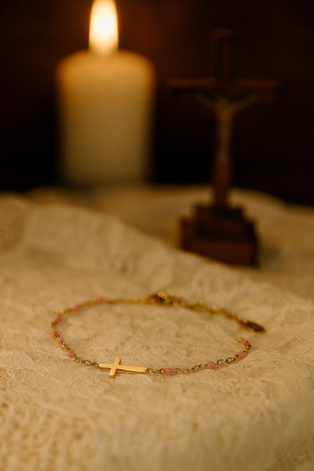 Bracelet Croix Femme Or Bijoux Chrétiens Cadeau pour Baptême Perles D'espérance Pêche