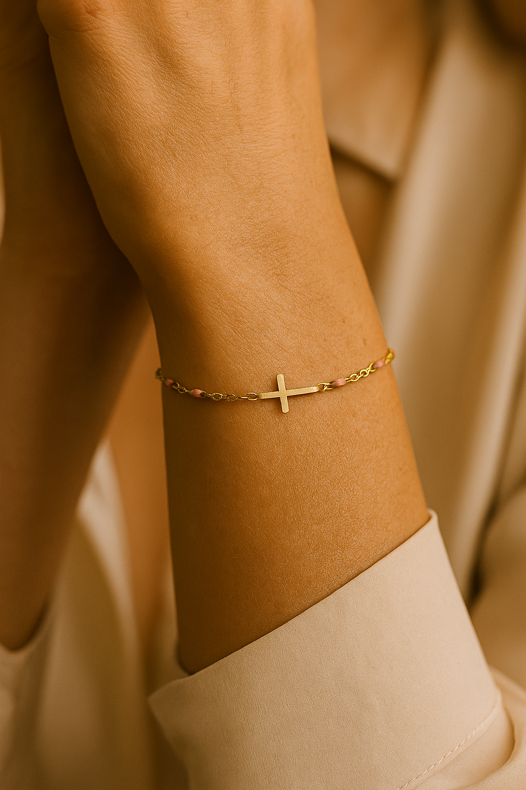 Bracelet Croix Femme Or Bijoux Chrétiens Cadeau pour Baptême Perles D'espérance Pêche