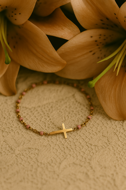 Bracelet Croix Femme Or Bijoux Chrétiens Cadeau pour Baptême Perles D'espérance Pêche