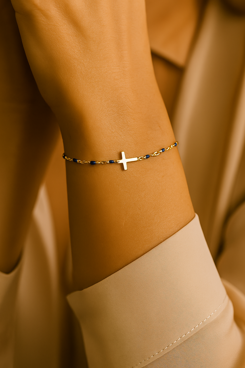 Bracelet Croix Femme Or Bijoux Chrétiens Cadeau pour Baptême Perles D'espérance Bleu