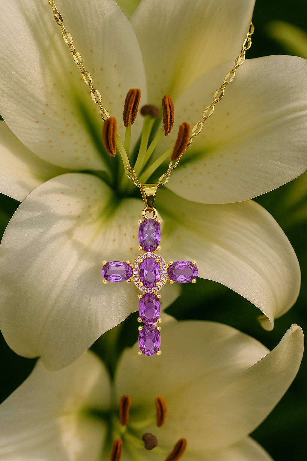 Collier Croix Femme Or Bijoux Chrétiens Cadeau pour Baptême Joyaux De Grâce Violet