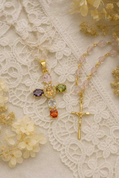 Collier Croix Femme Or Bijoux Chrétiens Cadeau pour Baptême Joyaux De Grâce Multicolore