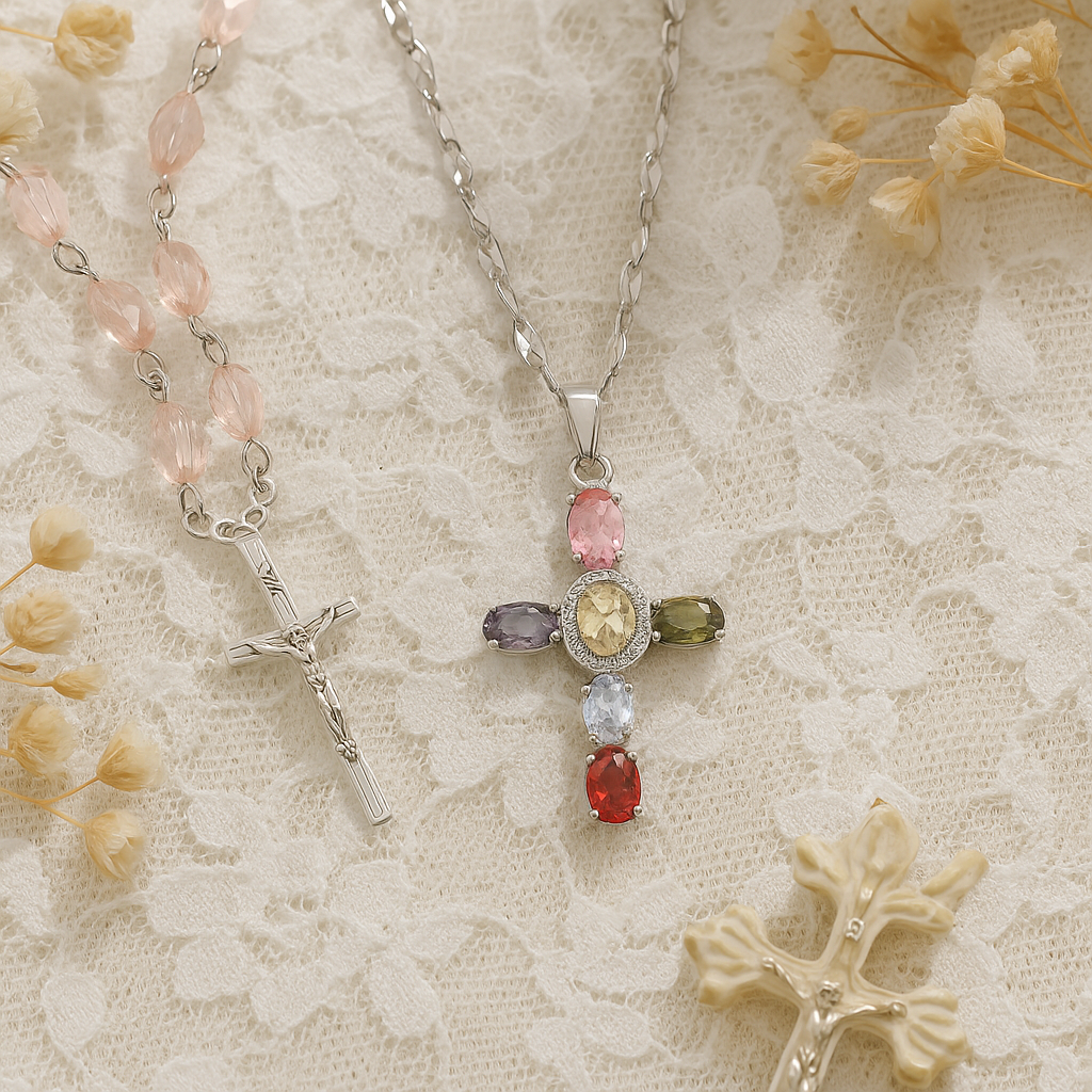 Collier Croix Femme Argent Bijoux Chrétiens Cadeau pour Baptême Joyaux De Grâce Multicolore