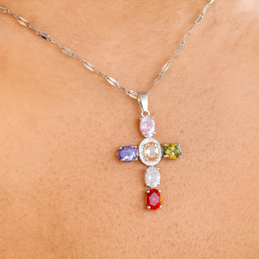 Joyaux de Grâce - Collier Croix Argent Multicolore