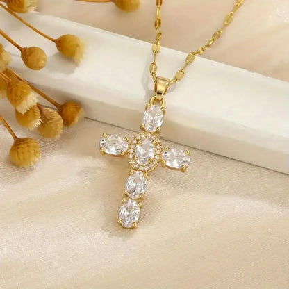 Collier Croix Femme Or Bijoux Chrétiens Cadeau pour Baptême Joyaux De Grâce Blanc