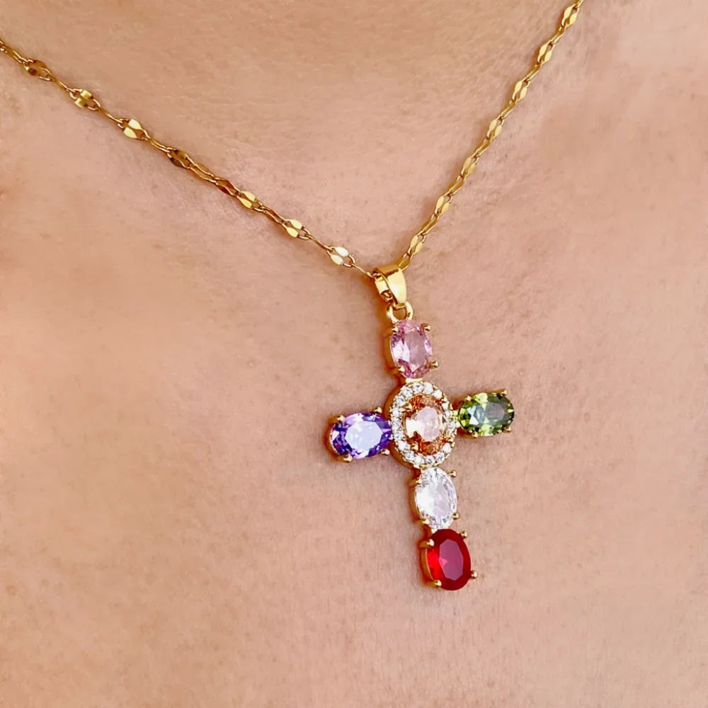 Collier Croix Femme Or Bijoux Chrétiens Cadeau pour Baptême Joyaux De Grâce Multicolore