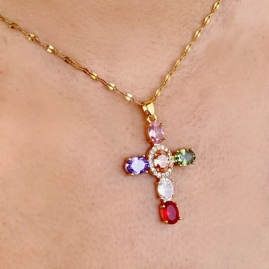 Collier Croix Femme Or Bijoux Chrétiens Cadeau pour Baptême Joyaux De Grâce Multicolore