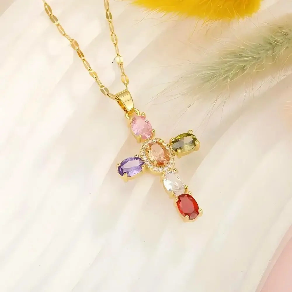 Collier Croix Femme Or Bijoux Chrétiens Cadeau pour Baptême Joyaux De Grâce Multicolore