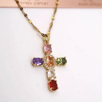 Collier Croix Femme Or Bijoux Chrétiens Cadeau pour Baptême Joyaux De Grâce Multicolore